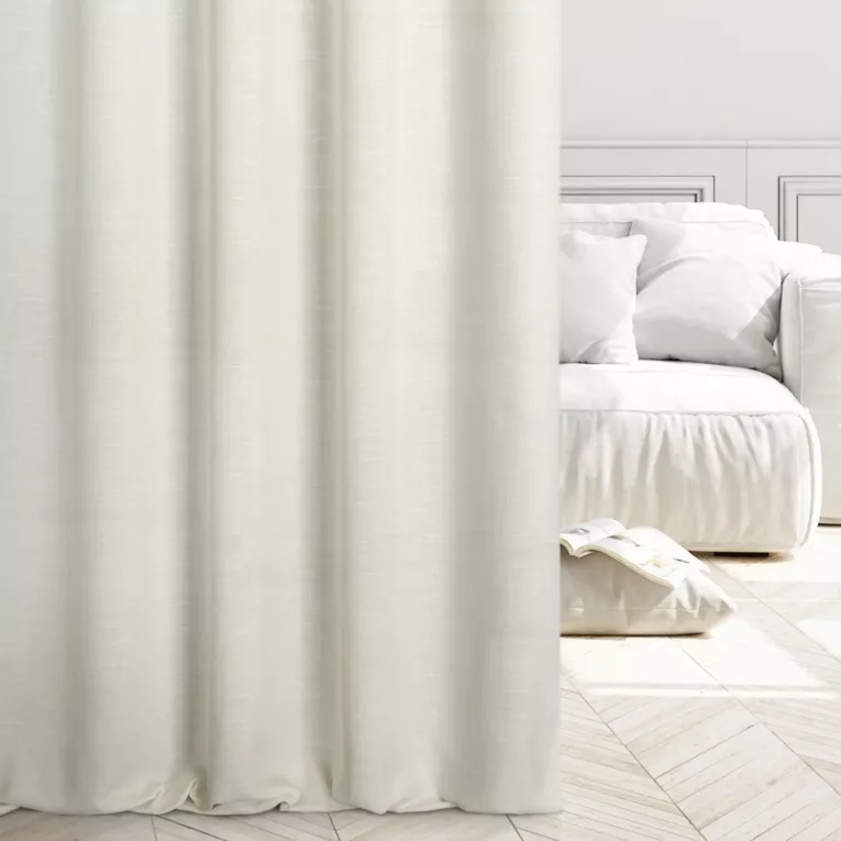 Zasłona szyta na taśmie 5 cm naturalno beżowa z tkaniny o naturalnym splocie, w stylu ekologicznym