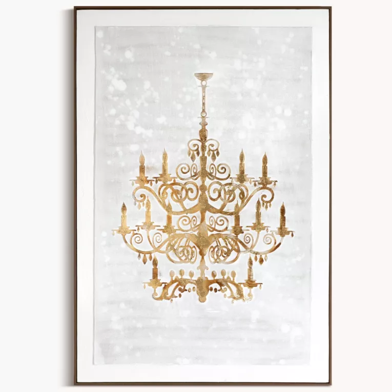 Obraz kremowo, brązowy z motywem dekoracyjnego  żyrandola, ręcznie malowany na płótnie oprawiony w ramę 82x122 cm