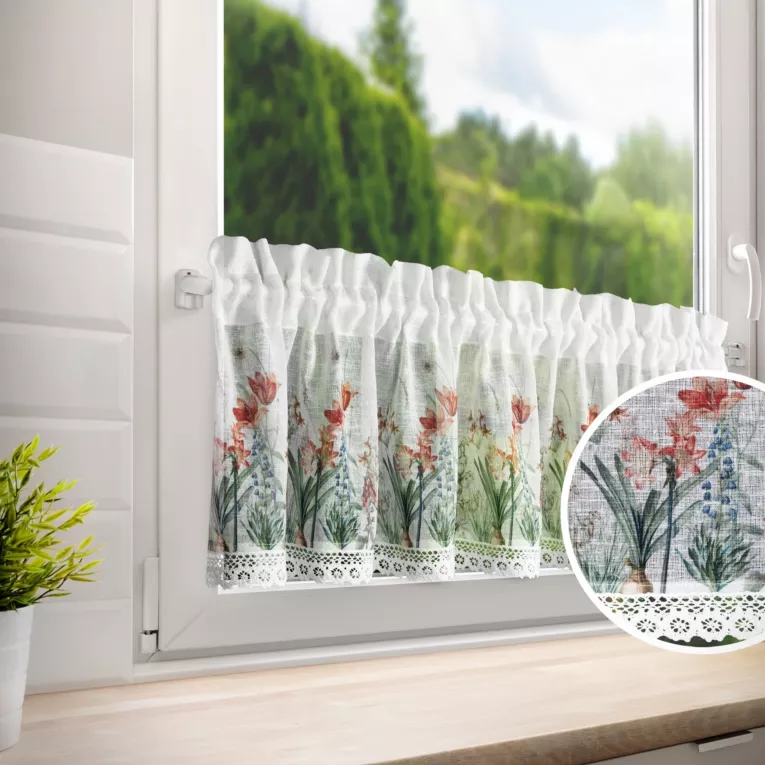 Zazdrostka biało, fioletowa z etaminy zdobiona nadrukiem letnich kwiatów 30x150 cm NEMEZJA