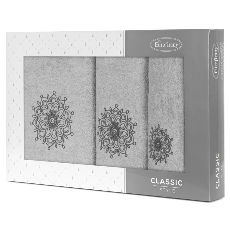 Zestaw ręczników bawełnianych na prezent 3 szt kolor jasnoszary z haftowanym motywem rozety 380g/m2 ROSETTE
