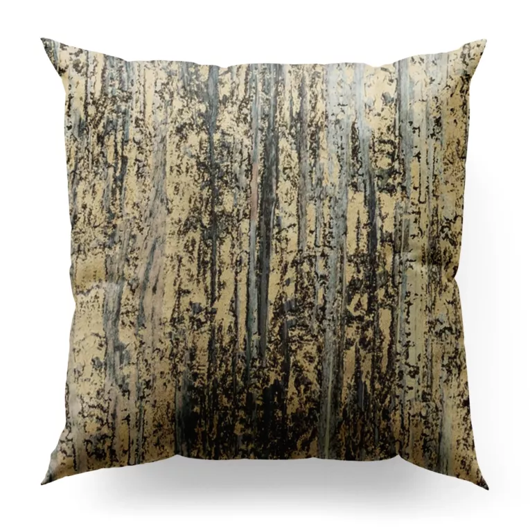 Poszewka szyta złoto niebieska z tkaniny welwetowej w pionowe pasy, zdobiona warstwą złotawego nadruku