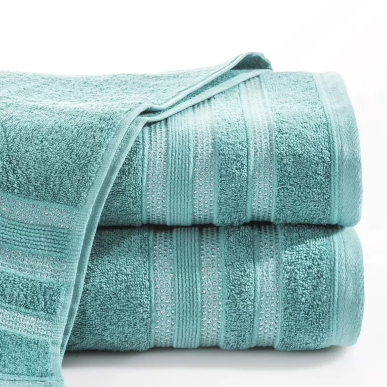 Ręcznik kąpielowy 70x140 cm bawełniany kolor turkusowy z bordiurą w błyszczące paski 500 g/m2 JUDY