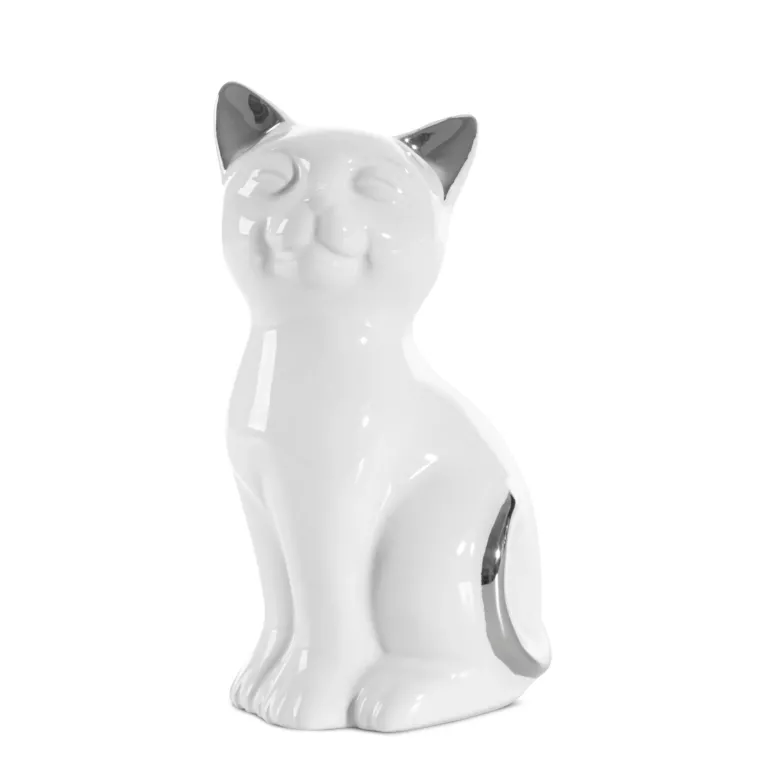 Kot figurka dekoracyjna ceramiczna biało-srebrna