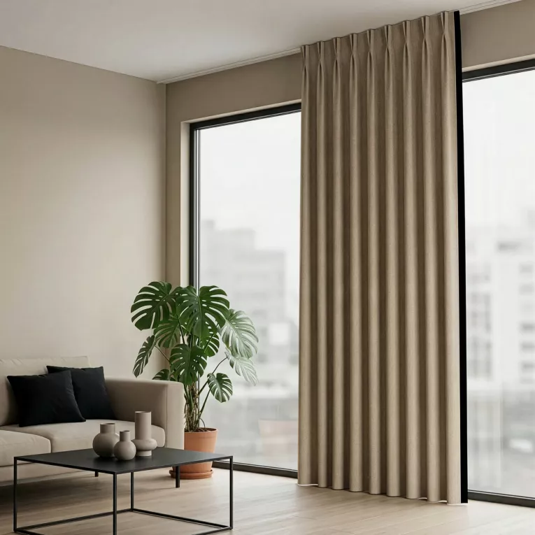 Zasłona beżowo, czarna 80x256 cm o widocznym grubym splocie z ozdobną obszywką flex 1:2