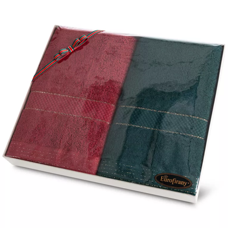 Zestaw ręczników bawełnianych na prezent 2 szt 50x90 cm butelkowy zielony, bordowy podkreślonych złotą nicią