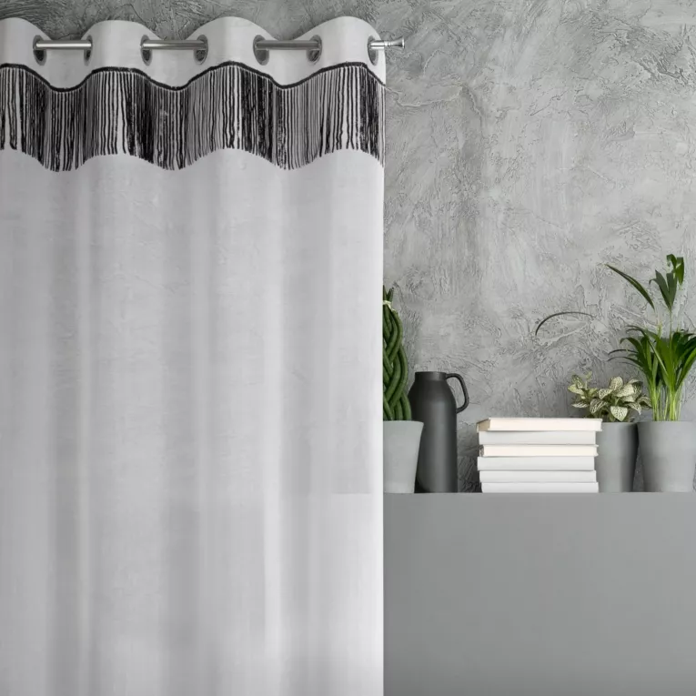 Firana biała z etaminy o strukturze lekkiego deszczyku z taśmą cekinową 140x250 cm przelotka JASPER