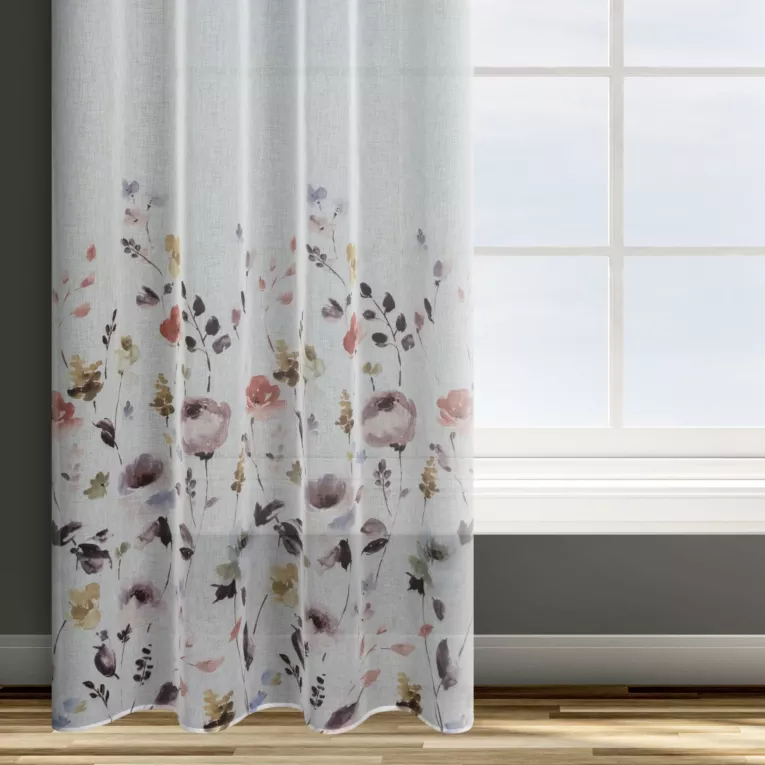 Zasłona biało pudrowa z nadrukiem malowanych kwiatów z lekkiej półtransparentnej etaminy 140x250 cm przelotka - LAVIN - Design 91