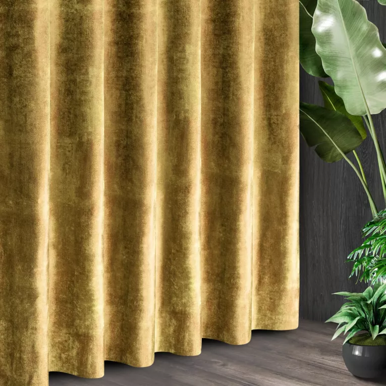 Tkanina zasłonowa miękki, gruby welwet, z połyskującym miedzianym nadrukiem  z kolekcji Eva Minge