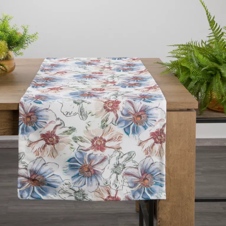 Bieżnik na stół biało, niebieski 40x140 cm z tkaniny strukturalnej FLORE 7 nadrukiem barwnych kwiatów