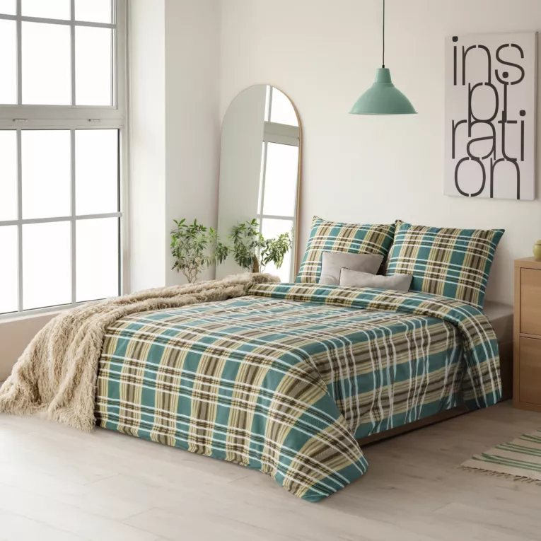 Pościel 220x200 cm z satyny bawełnianej kolor jasnobrązowy, zielony z motywem kraty SPRING 65