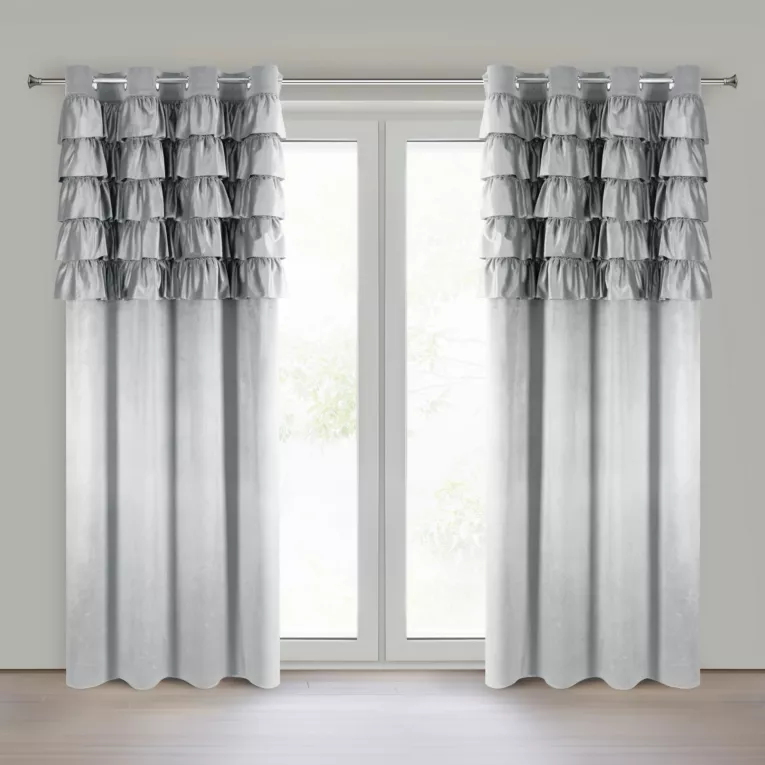 Zasłona welwetowa srebrna zdobiona falbanami 140x250 cm przelotka - AURA