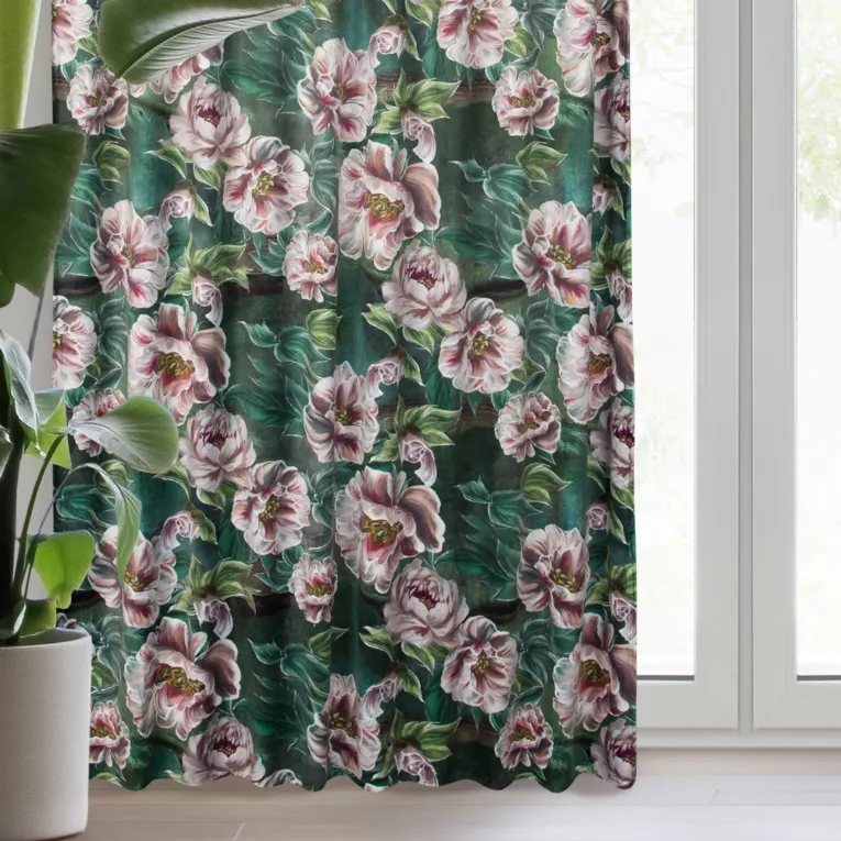 Zasłona zielono, różowa ze wzorem kwiatowym z welwetu 140x270 cm taśma /szelki - PALMERA