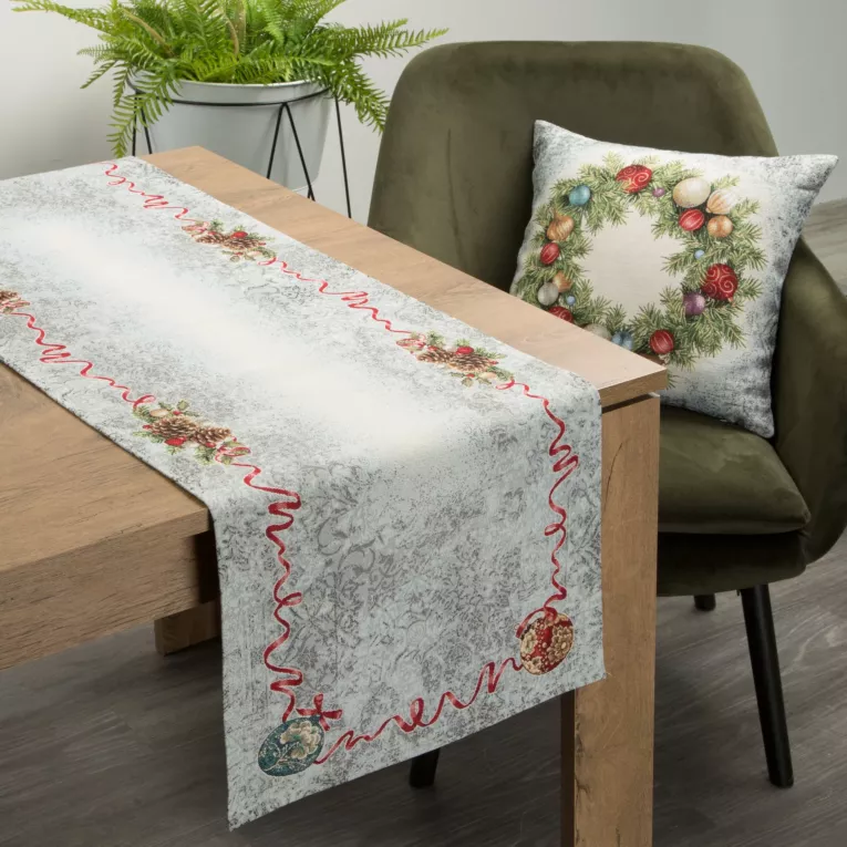 Bieżnik na stół popielato, czerwony 45x140 cm gobelinowy z motywem świątecznym