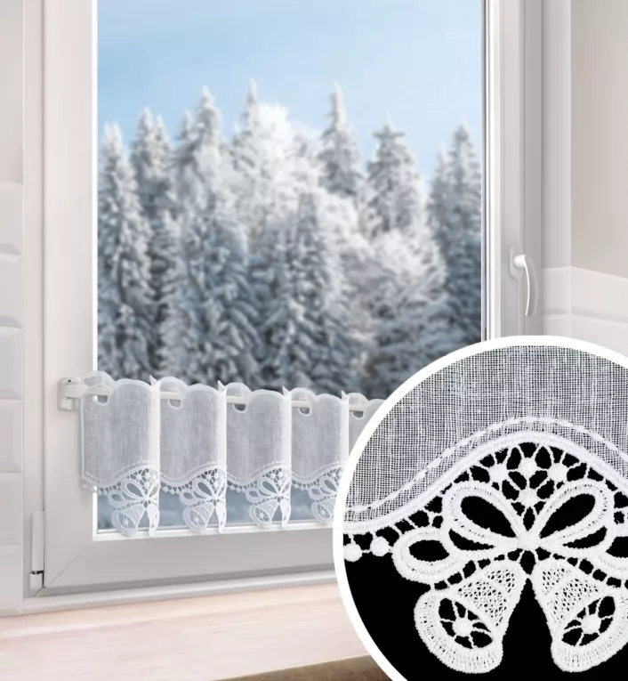 Tkanina firanowa zazdrostka z etaminy zdobiona świątecznym ażurowym haftem w formie dzwoneczków