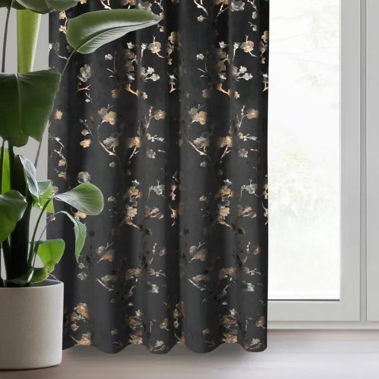 Zasłona welwetowa czarno, szampańska z nadrukiem kwiatu jabłoni 140x270 cm taśma - SELENA