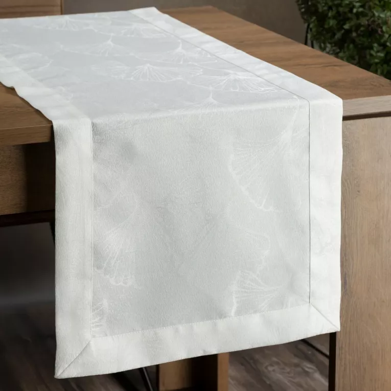 Bieżnik na stół 40x200 cm DIANA zdobiony żakardowym wzorem liści miłorzębu i ozdobną kantą