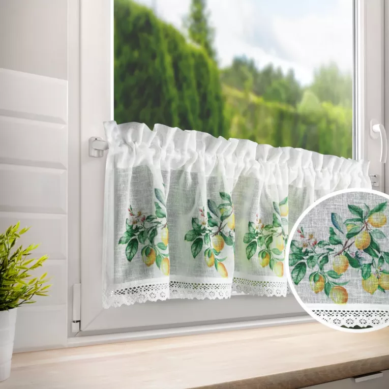Zazdrostka biało, zielona z etaminy zdobiona nadrukiem cytryn 30x150 cm tunel CLOE