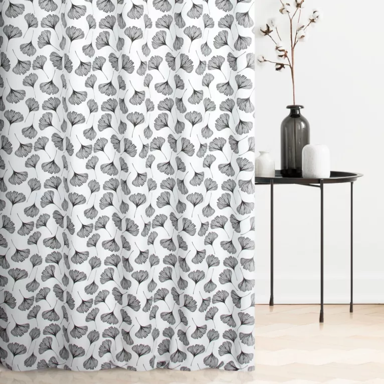 Tkanina zasłonowa z nadrukiem w liście miłorzębu, miękka w dotyku