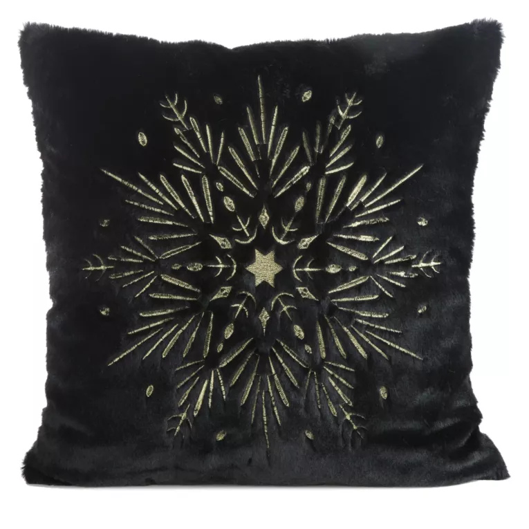 Poszewka na poduszkę 45x45 cm z przyjemnego futerka czarno, złota zdobiona haftowaną śnieżynką