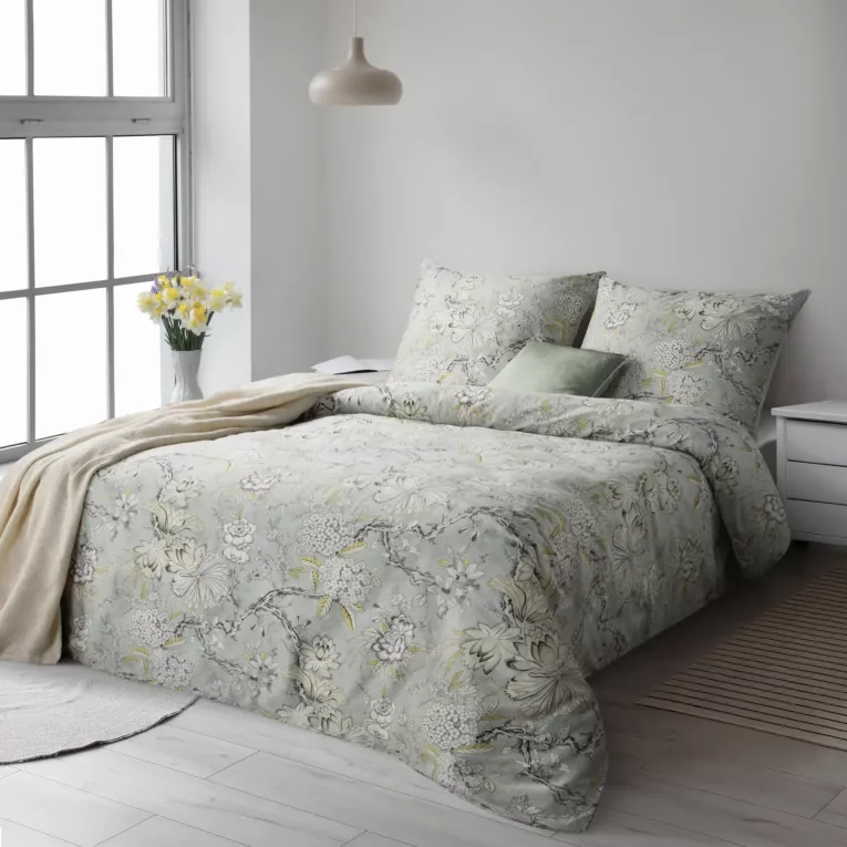 Pościel 220x200 cm satyna bawełniana kolor jasno stalowy, beżowy z eleganckim wzorem roślinnym SPRING 64