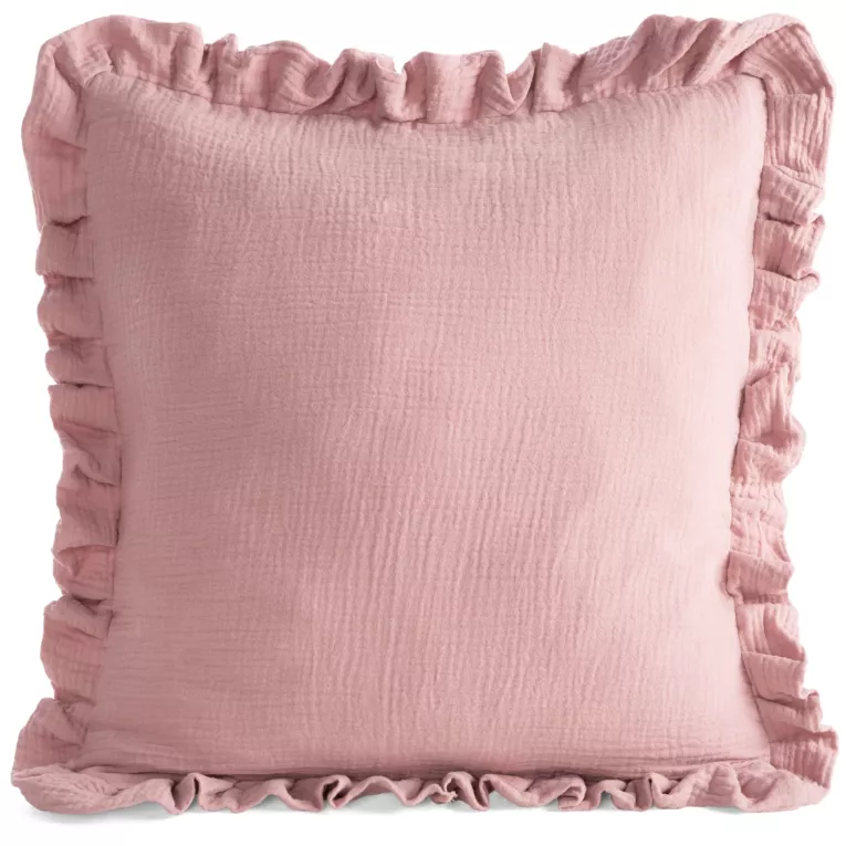 Poszewka na poduszkę 45x45 cm muślinowa z ozdobną falbanką na brzegach pudrowa MUŚLIN 1