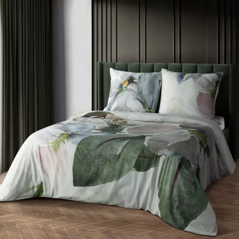 Pościel 160x200 cm z makosatyny bawełnianej kolor biały, zielony z subtelnym nadrukiem kwiatów ALICE Eva Minge