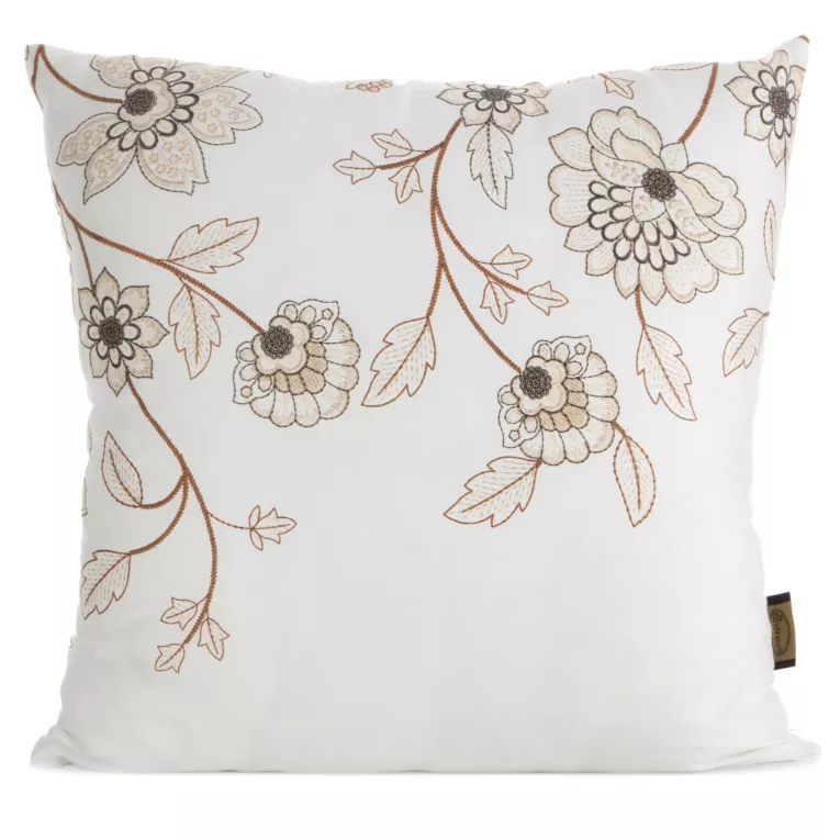 Poszewka na poduszkę 40x40 cm z satyny bawełnianej biało, brązowa zdobiona nadrukiem kwiatów SPRING 44