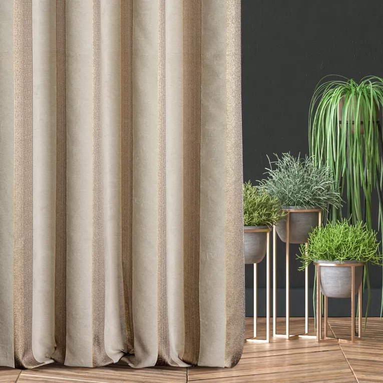Zasłona szyta na taśmie 5 cm złota z szenilowej tkaniny w klasyczne pionowe pasy przetykane błyszczącą nicią