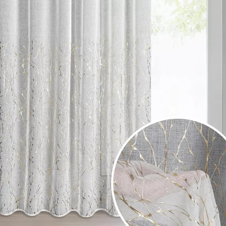 Firana biało, szampańska zdobiona nadrukiem marmurka 140x270 cm taśma MELIA