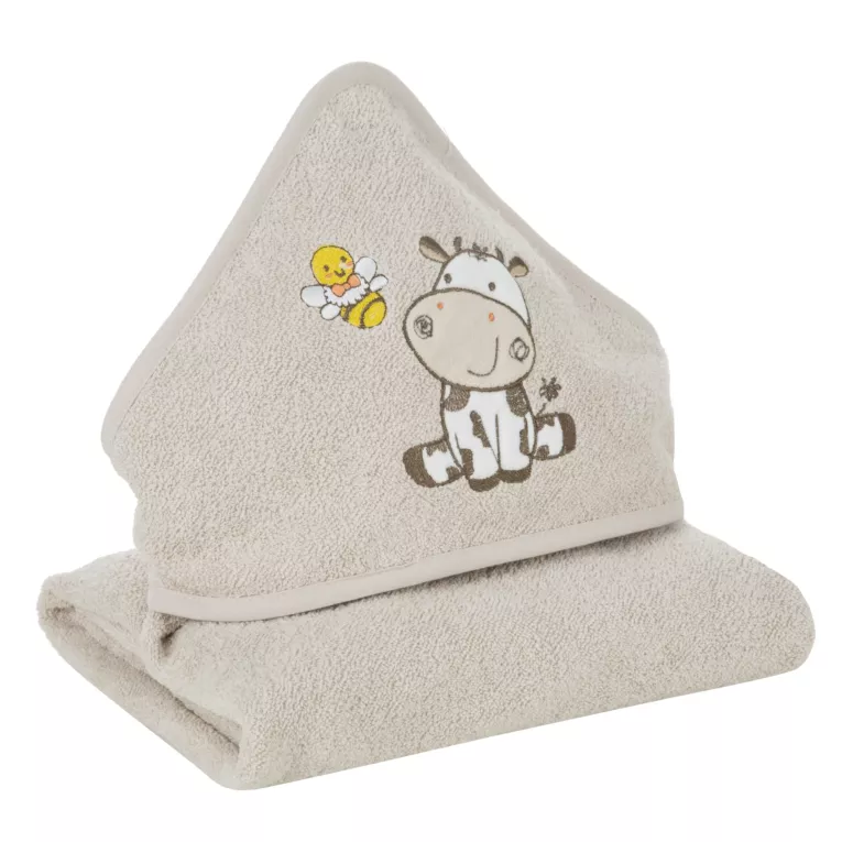 Ręcznik kąpielowy dziecięcy 100x100 cm bawełniany kolor beżowy z kapturem i haftem krówki 350g/m2 BABY 67