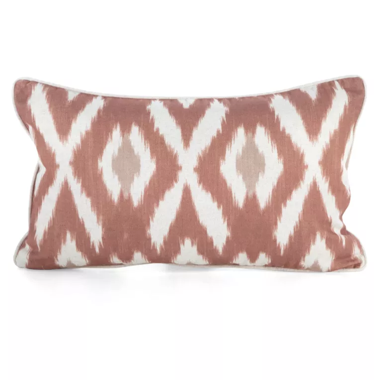 Poszewka na poduszkę 30x50 cm bawełniana z dodatkiem lnu zdobiona geometrycznym nadrukiem ceglasto, kremowa LEN