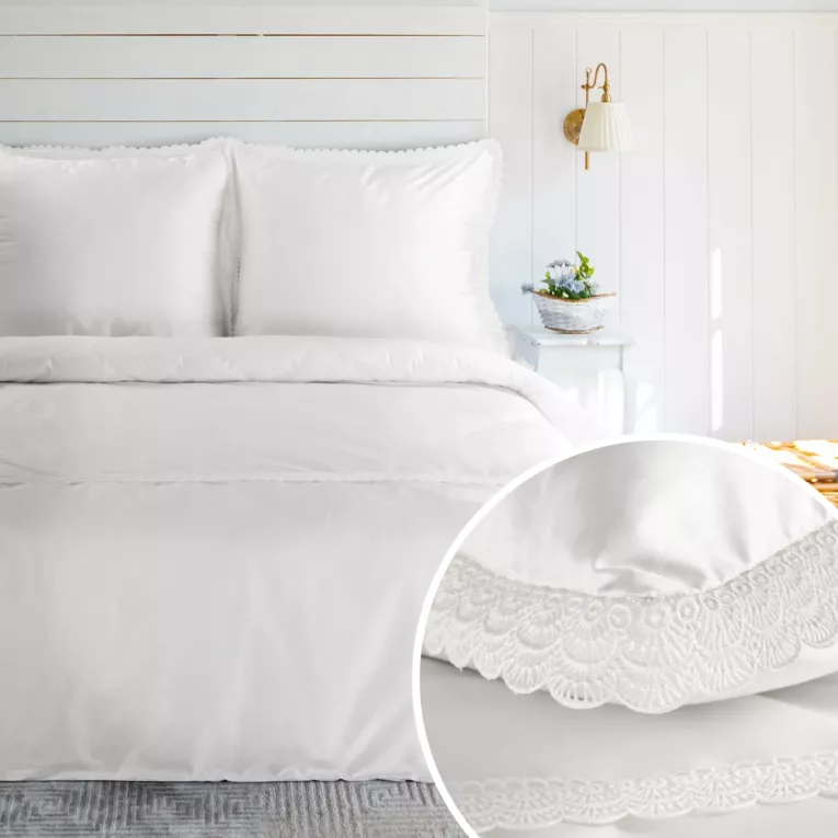 Pościel 160x200 cm komplet 3 częściowy z satyny bawełnianej kolor biały zdobiona elegancką koronką RETRO 6