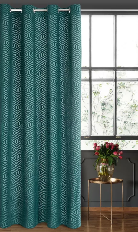 Zasłona welwetowa turkusowa we wzór geometryczny 140x250 przelotka - INGA - Pierre Cardin