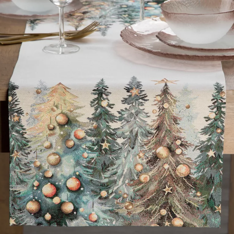 Świąteczny bieżnik naturalno, zielony 45x140 cm gobelinowy zdobiony tkanym motywem choinek