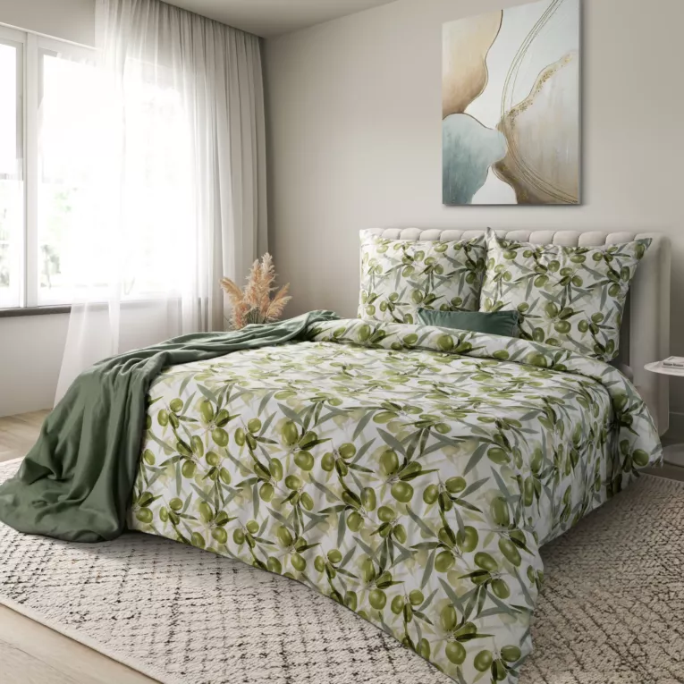 Pościel 140x200 cm komplet 2 częściowy satyna bawełniana kolor biało, zielony zdobiony motywem oliwek SPRING 84