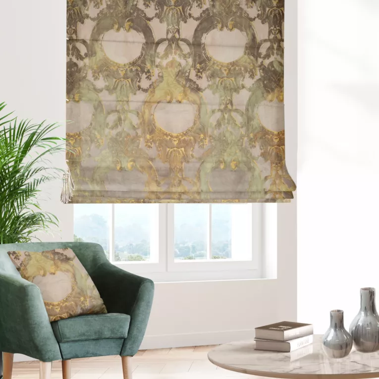 Roleta rzymska beżowo złota z eleganckiej welwetowej tkaniny, pokryta pięknym, nowoczesnym ornamentem Italissima Eva Minge
