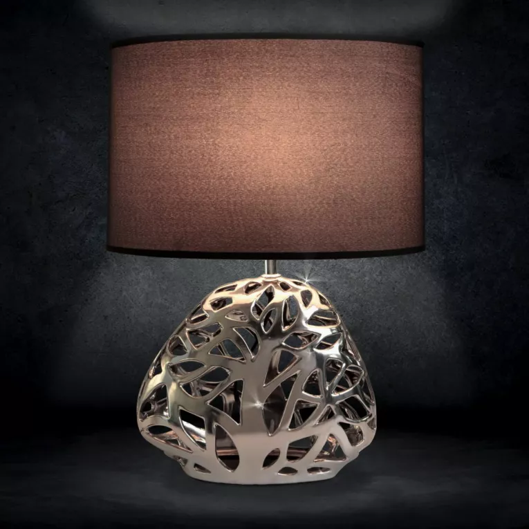 Lampka stołowa DAKOTA  na ceramicznej ażurowej podstawie z abażurem z matowej tkaniny