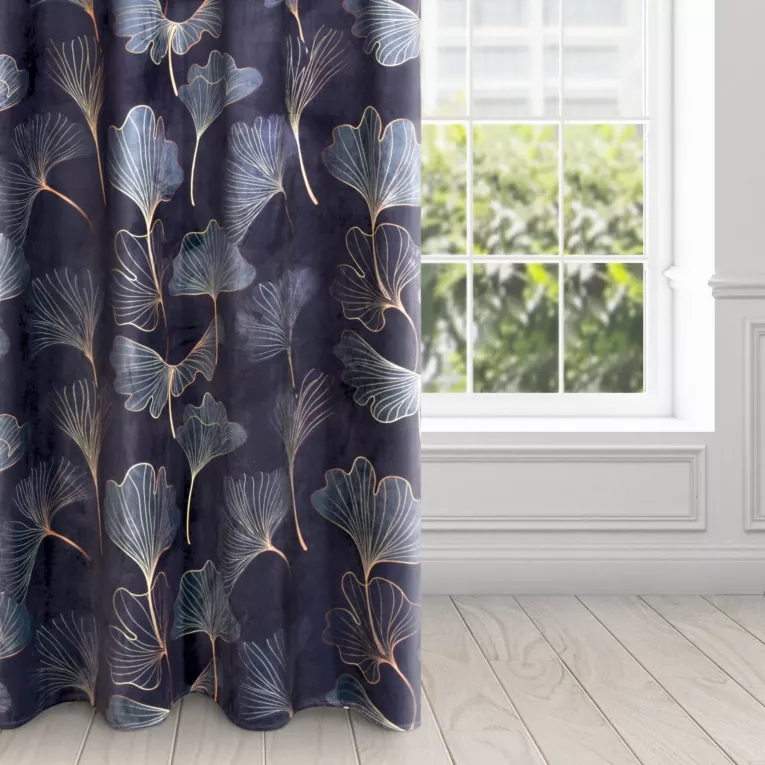 Zasłona GINKO z miękkiego welwetu z nadrukiem liści miłorzębu