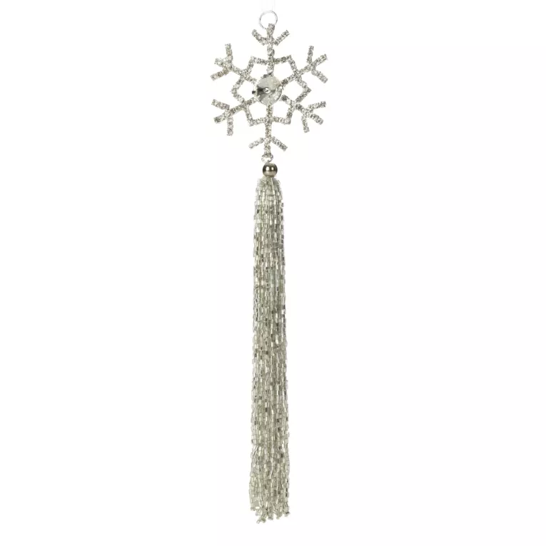 Ozdoba świąteczna śnieżynka z dekoracyjnym chwostem wykończona koralikami i lśniącymi kryształkami na dekoracyjnej wstążeczce