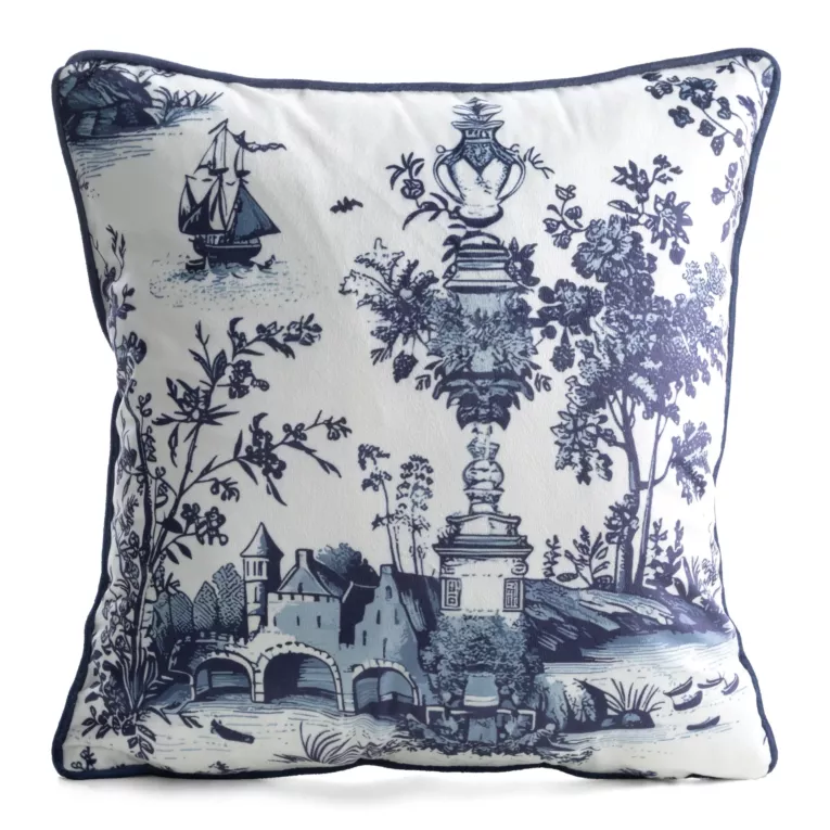 Poszewka na poduszkę 45x45 cm welwetowa biało, ciemnogranatowa z roślinnym nadrukiem VELVET 208