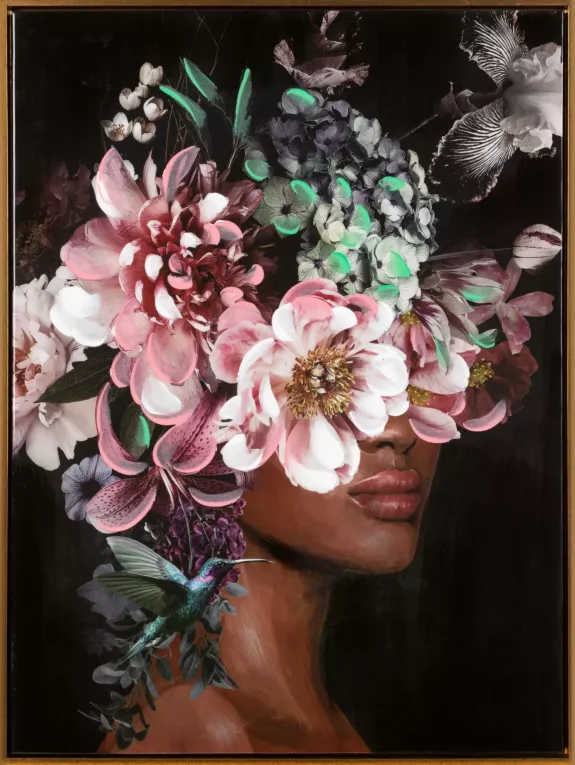 Obraz ROMANCE 6 portret kobiety w nakryciu głowy z kwiatów ręcznie malowany na płótnie w ramie