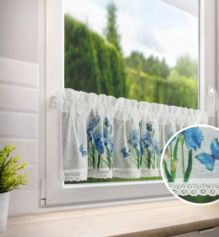 Zazdrostka biało, niebieska z etaminy w stylu prowansalskim z koronką 150x30 cm tunel ALA