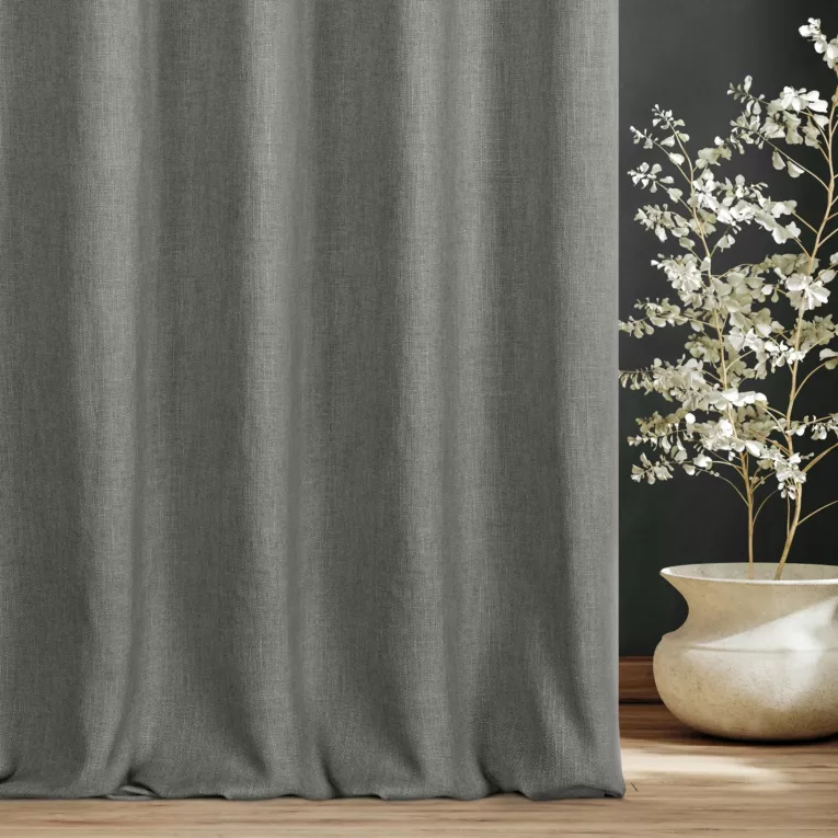 Zasłona szyta na taśmie fala popielata o naturalnym charakterze, z widocznym, ozdobnym splotem