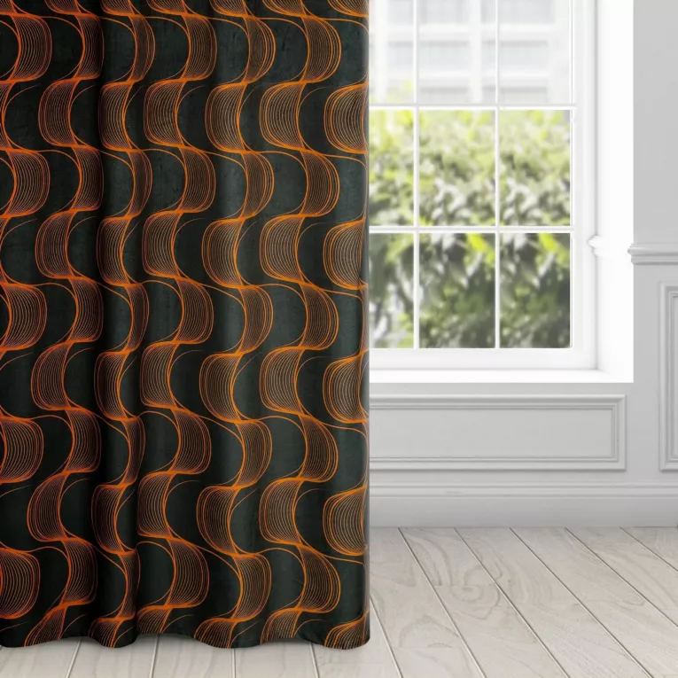 Zasłona czarno, ruda z wzorem pionowych fal, z welwetu 140x250 cm przelotka - POLA
