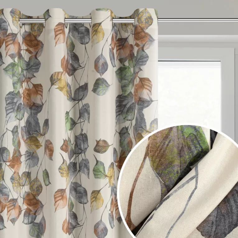 Zasłona naturalno, ruda o naturalnym splocie zdobiona motywem liści 140x250 cm przelotka - NORA