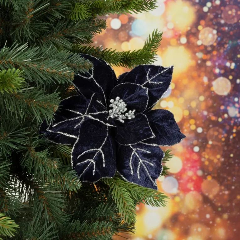 Świąteczny kwiat dekoracyjny z welwetu dekorowany srebrnym brokatem