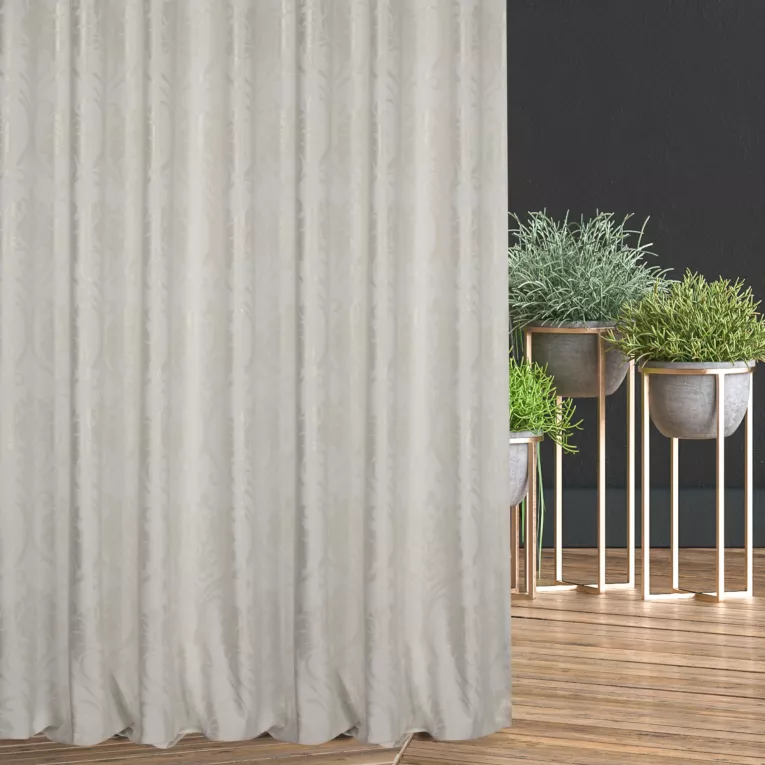 Zasłona szyta na taśmie 5 cm jasnokremowo złocista z miękkiej tkaniny welwetowej z ornamentowym błyszczącym nadrukiem