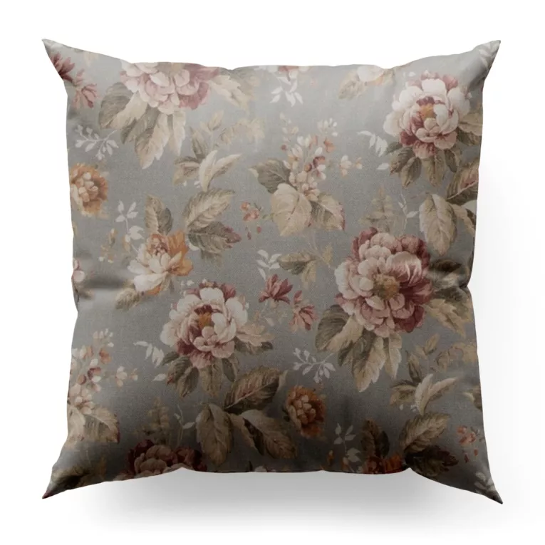 Poszewka szyta popielato ceglasta z tkaniny z dodatkiem bawełny i nici metalicznej, o wzorze w kwiaty, zawiera 20% bawełny