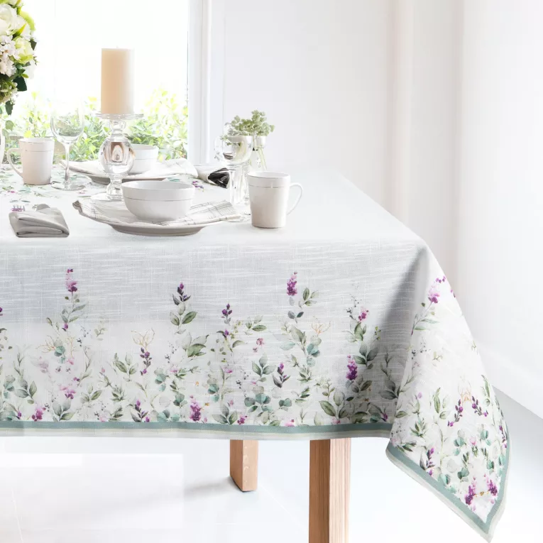 Obrus naturalno, miętowy 140x180 cm SUMMER 11 zdobiony nadrukiem letnich kwiatów
