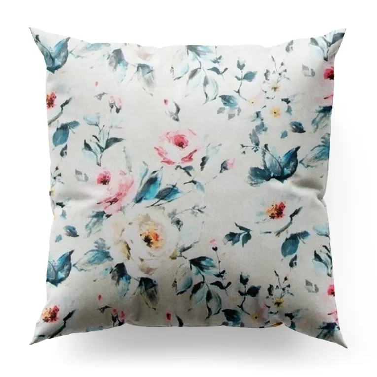 Poszewka szyta jasnokremowo turkusowa z tkaniny o naturalnym splocie z nadrukowanym kwiatowym wzorem